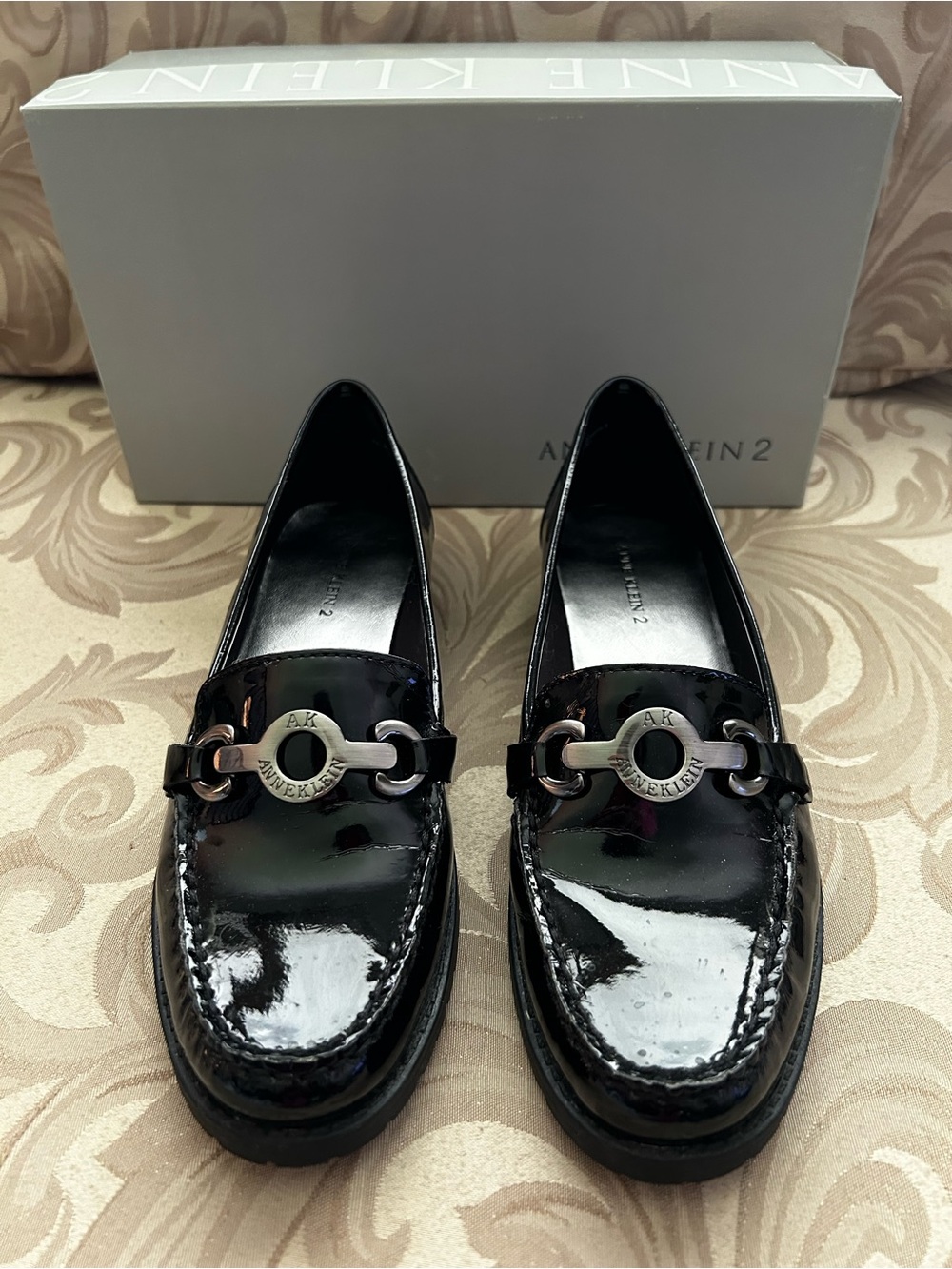 Anne Klein Aklongo Women’s 7 Black Flex Patent Leather Loafers Silver Accent